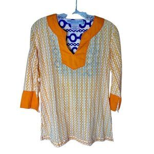 Gretchen Scott Womens Artsy Geometric Tunic Top Size XS Orange Gypsy Peasant